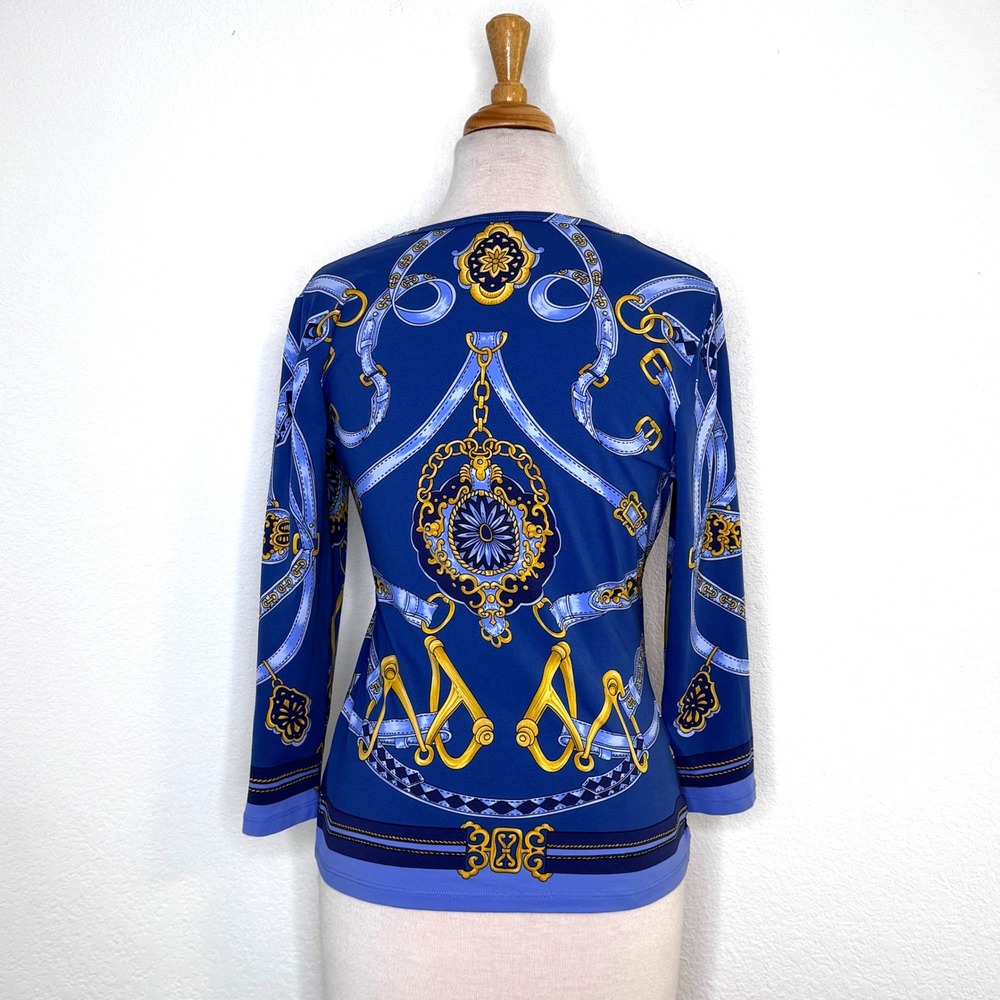 J. McLaughlin Womens‎ Blue Print 3/4 Sleeve Top Size S Chain Equestrian - Picture 5 of 11